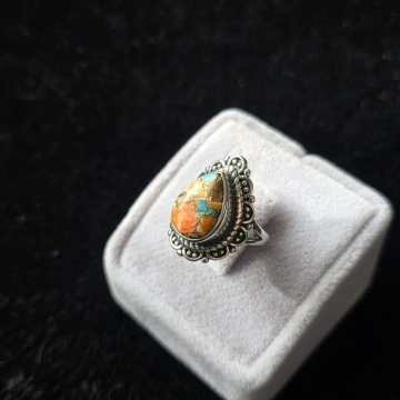 925 Ayar Gümüş Mercan ve Turkuaz Taşlı Yüzük Fairuz Damla Modeli